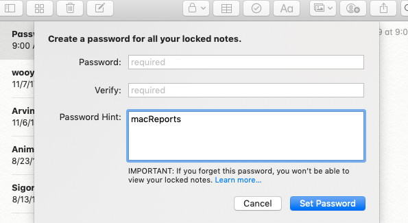 password protect notes