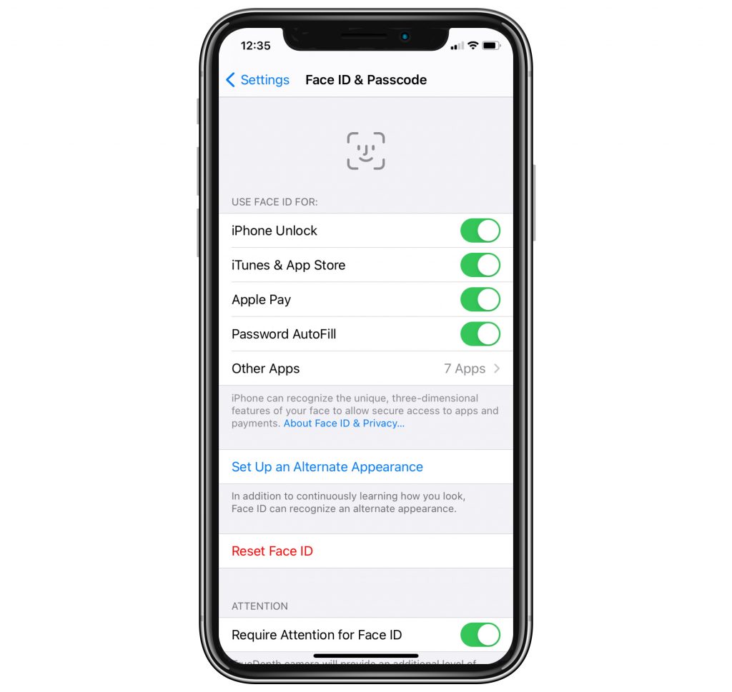 Face ID settings