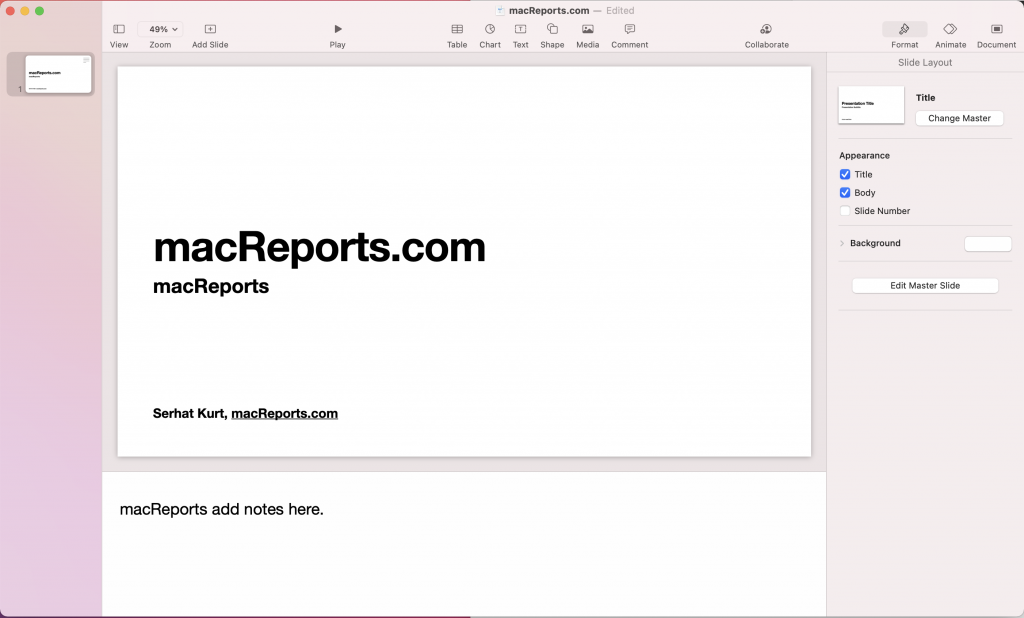 how to add presentation notes in keynote