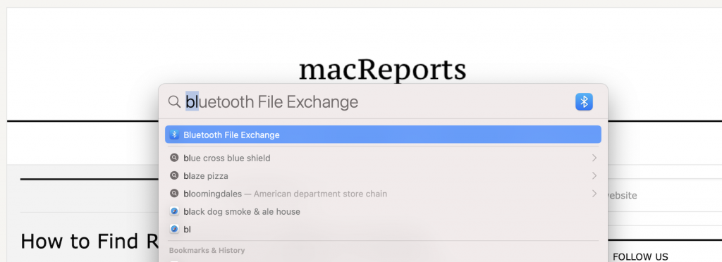 Spotlight > Bluetooth File Exchange