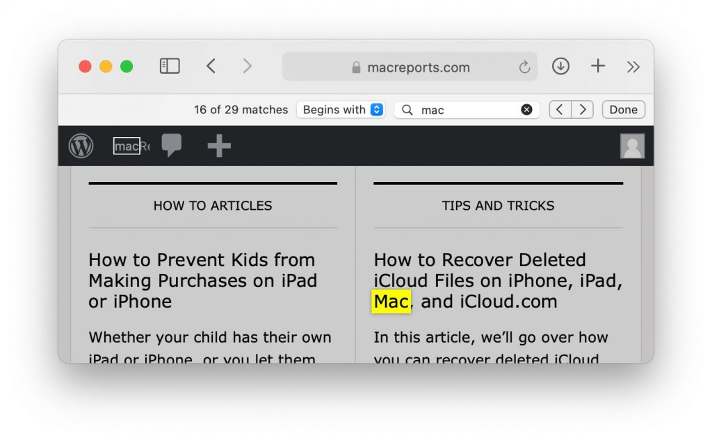 safari find word on Mac