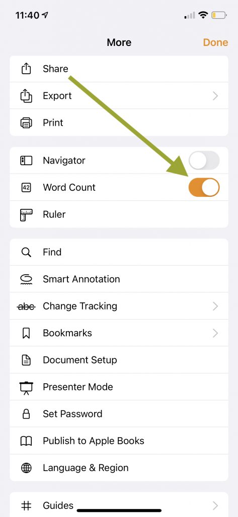 Pages word count on iPhone