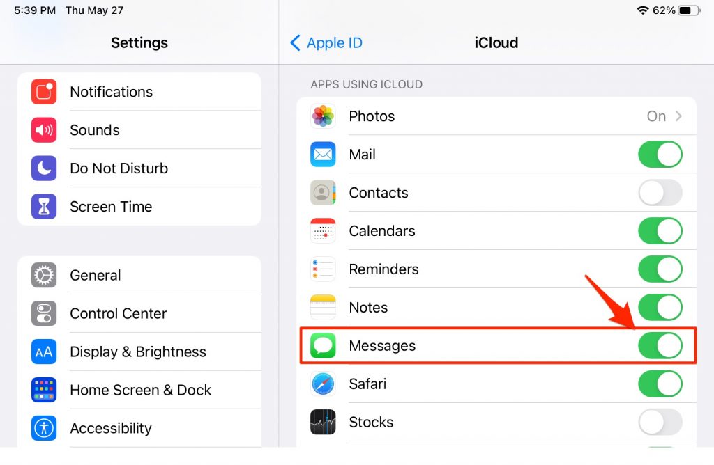 settings menu messages in iCloud