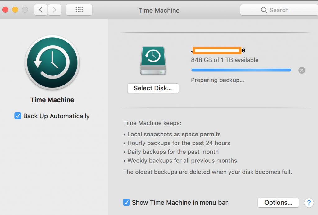 Time Machine Preparing backup problem screen