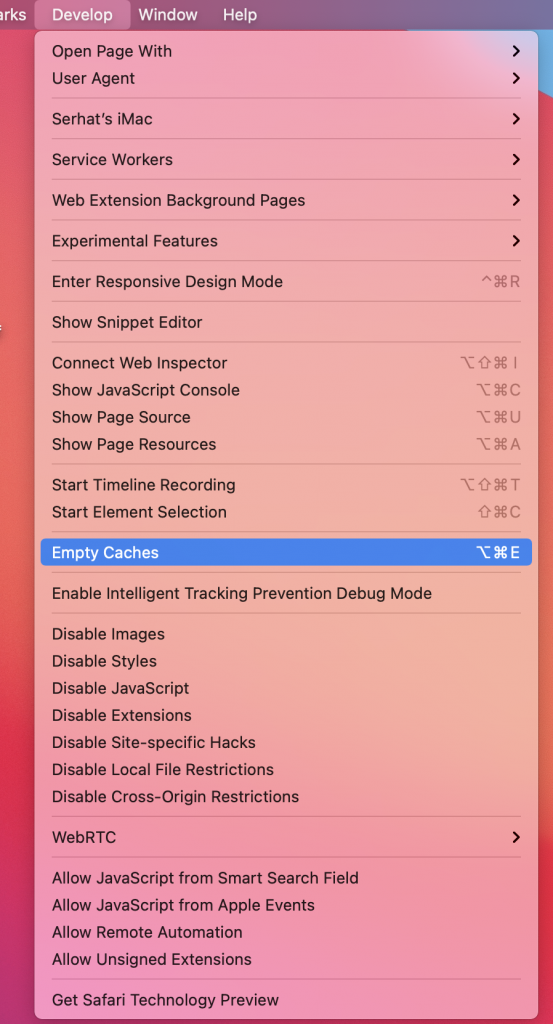 Safari develop empty caches