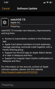 watchOS Software Update screen saying preparing