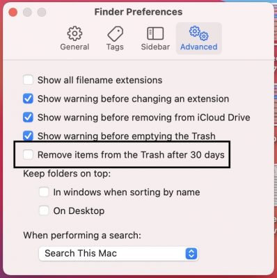 Remove items from the Trash after 30 days option