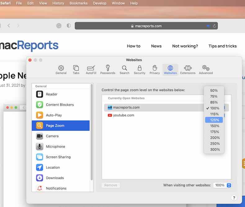 macbook zoom in safari