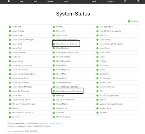 iCloud.com system status