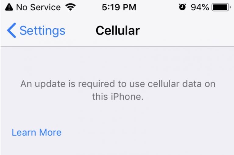 An Update is Required to Use Cellular Data on this iPhone, Fix