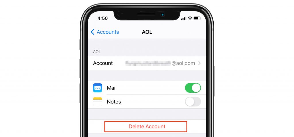 delete mail account on iPhone