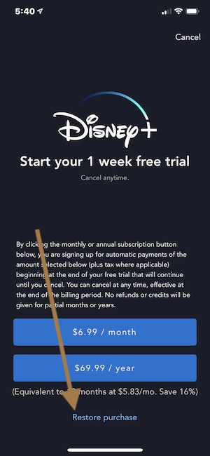Disney Plus Restore Purchase screen