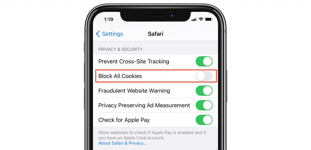 block all cookies in safari settings