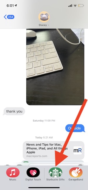 Enable Starbucks Gifts app in iMessage