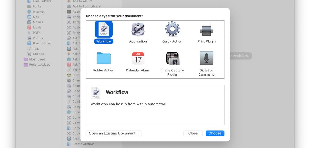 choose workflow in Automator