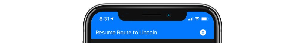 resume route banner along top of iPhone screen