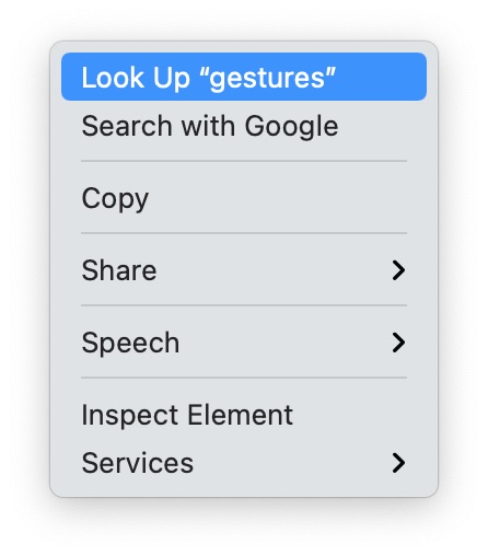 right click menu for a highlighted word in Safari