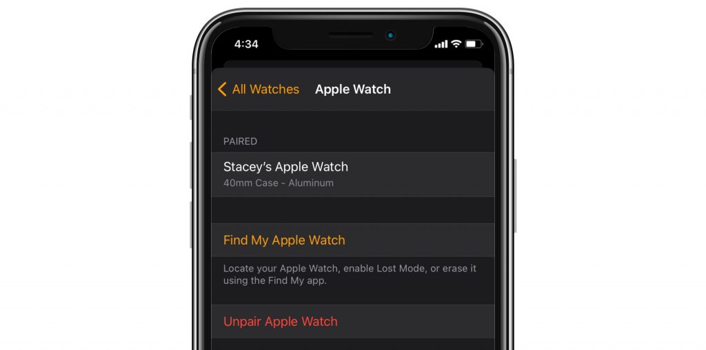 unpair Apple Watch in Watch on iPhone