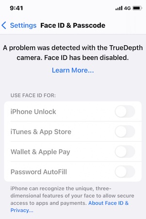 TrueDepth camera error message saying Face ID disabled