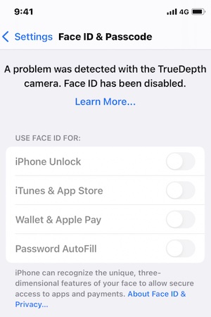 face id disabled iphone 12