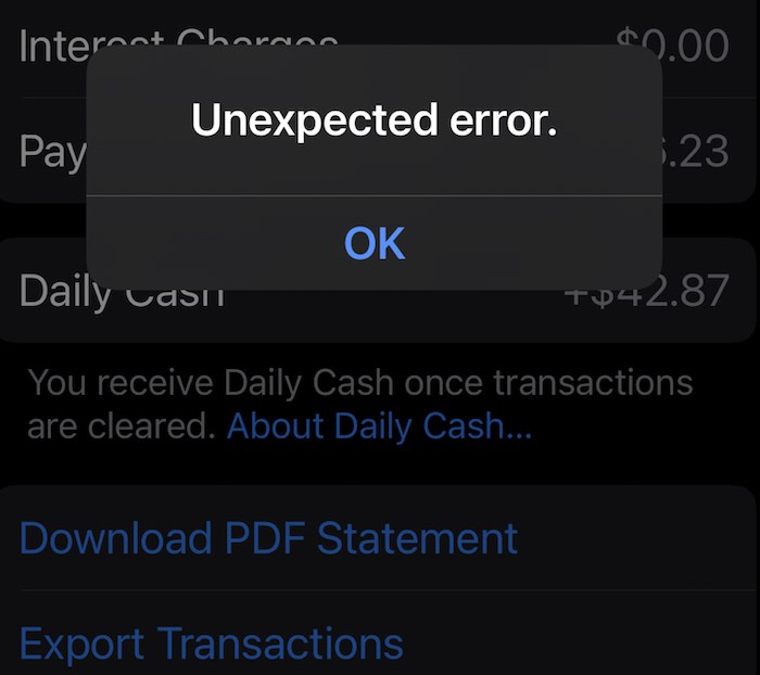 Apple Card Unexpected error message