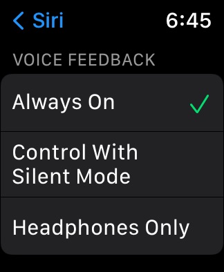 voice feedback options on Apple Watch