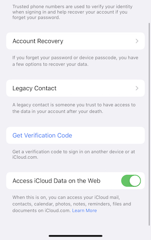 Access iCloud Data on the Web setting