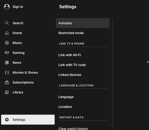 YouTube settings