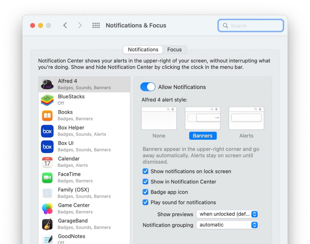 notifications & focus window