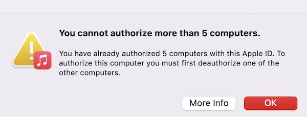 You cannot authorize more than 5 computers error screen