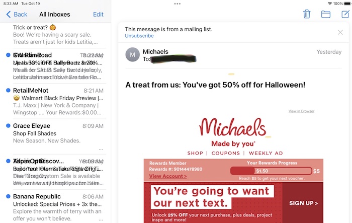 Mail messages overlapping screen 