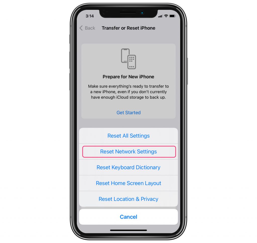 reset network settings in iPhone settings