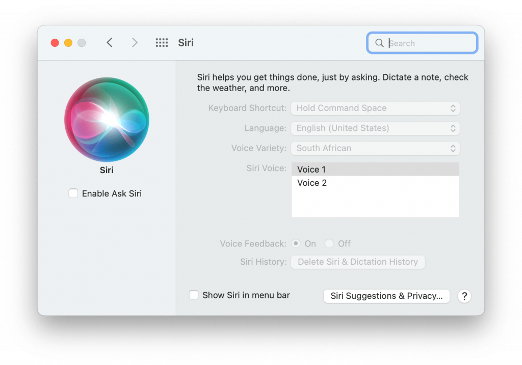 siri settings on Mac