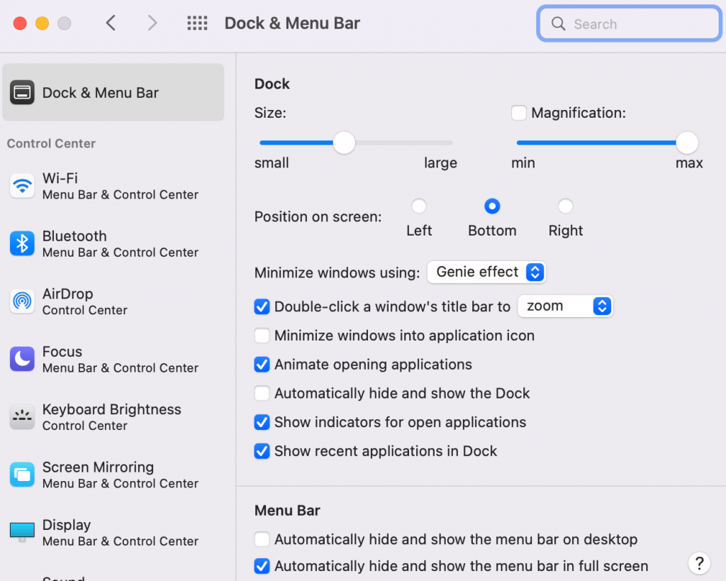 Dock Settings