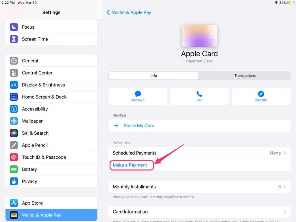 make a payment in iPad settings