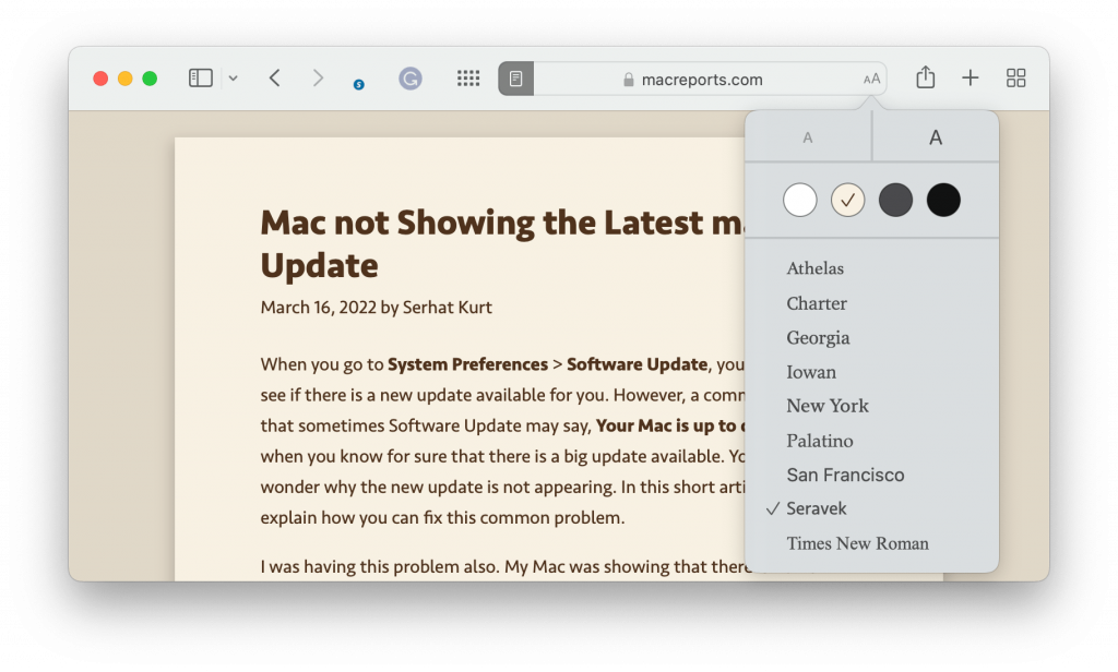 reader view in Safari on Mac