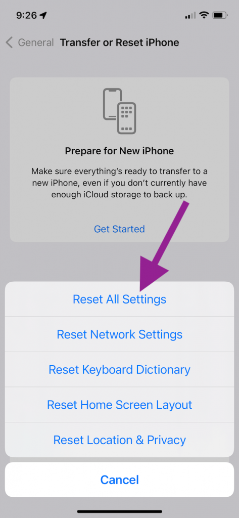 Reset All Setting screen 