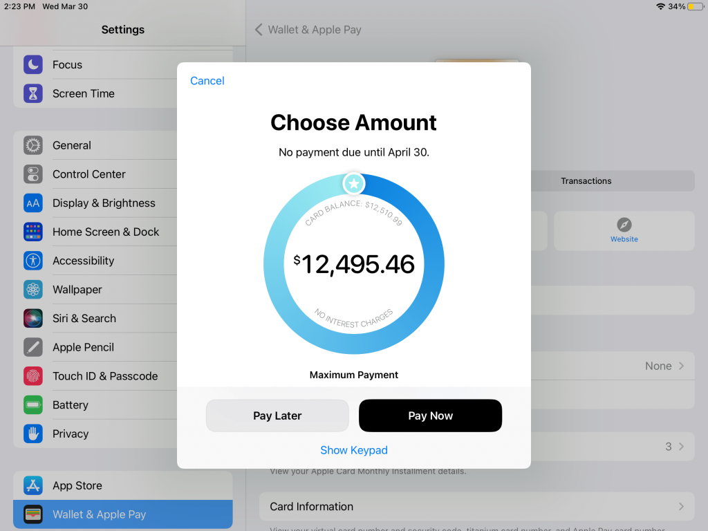 choose amount to pay Apple Card
