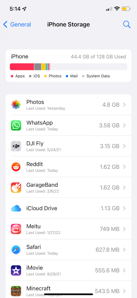 iPhone storage setting