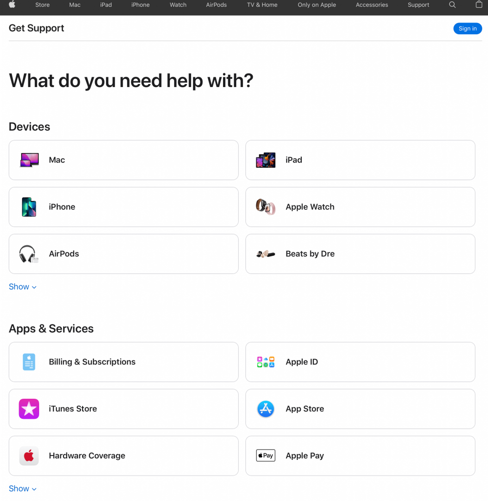 Get help Apple page screenshot 