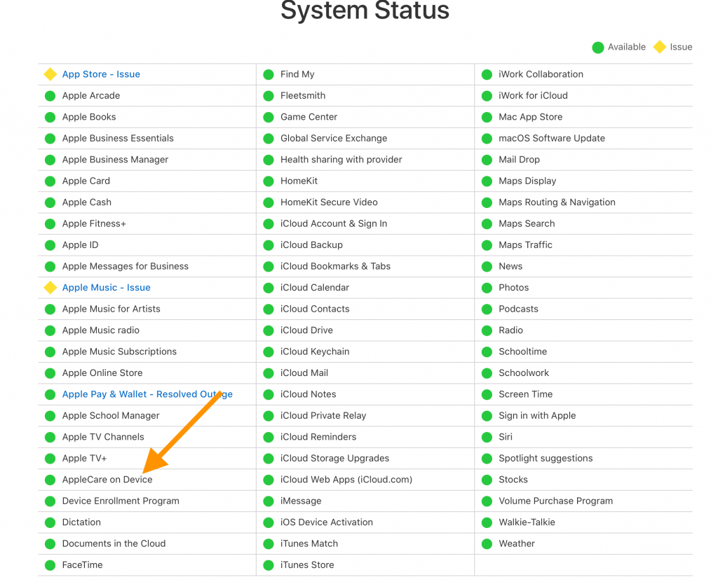 Apple Care system status