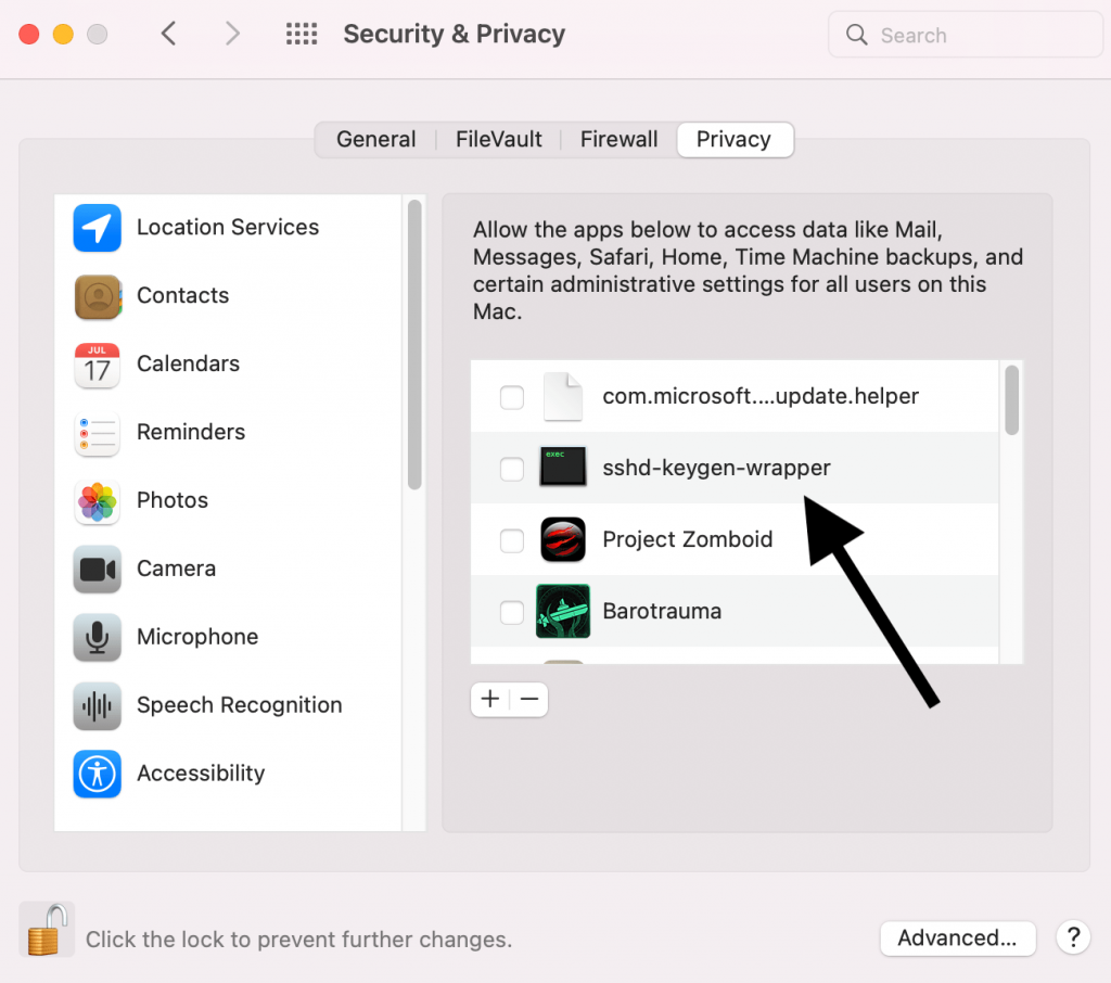 Mac Privacy settings that show sshd keygen wrapper. 