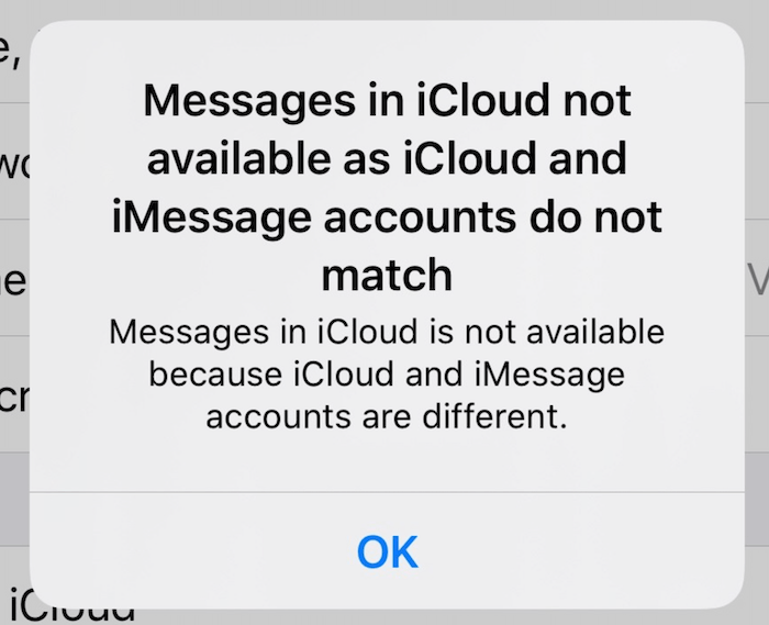 iMessage and iCloud error popup message