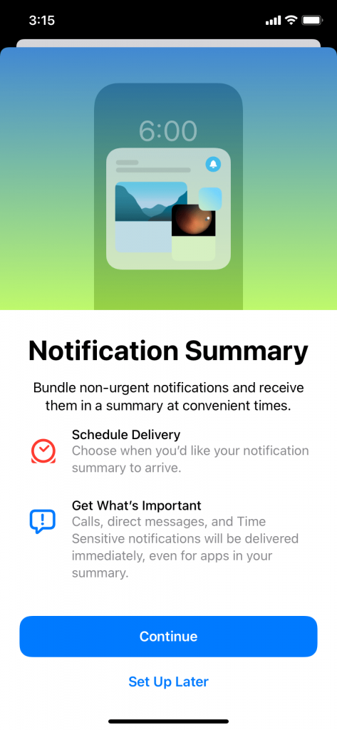 notification summary set up screen