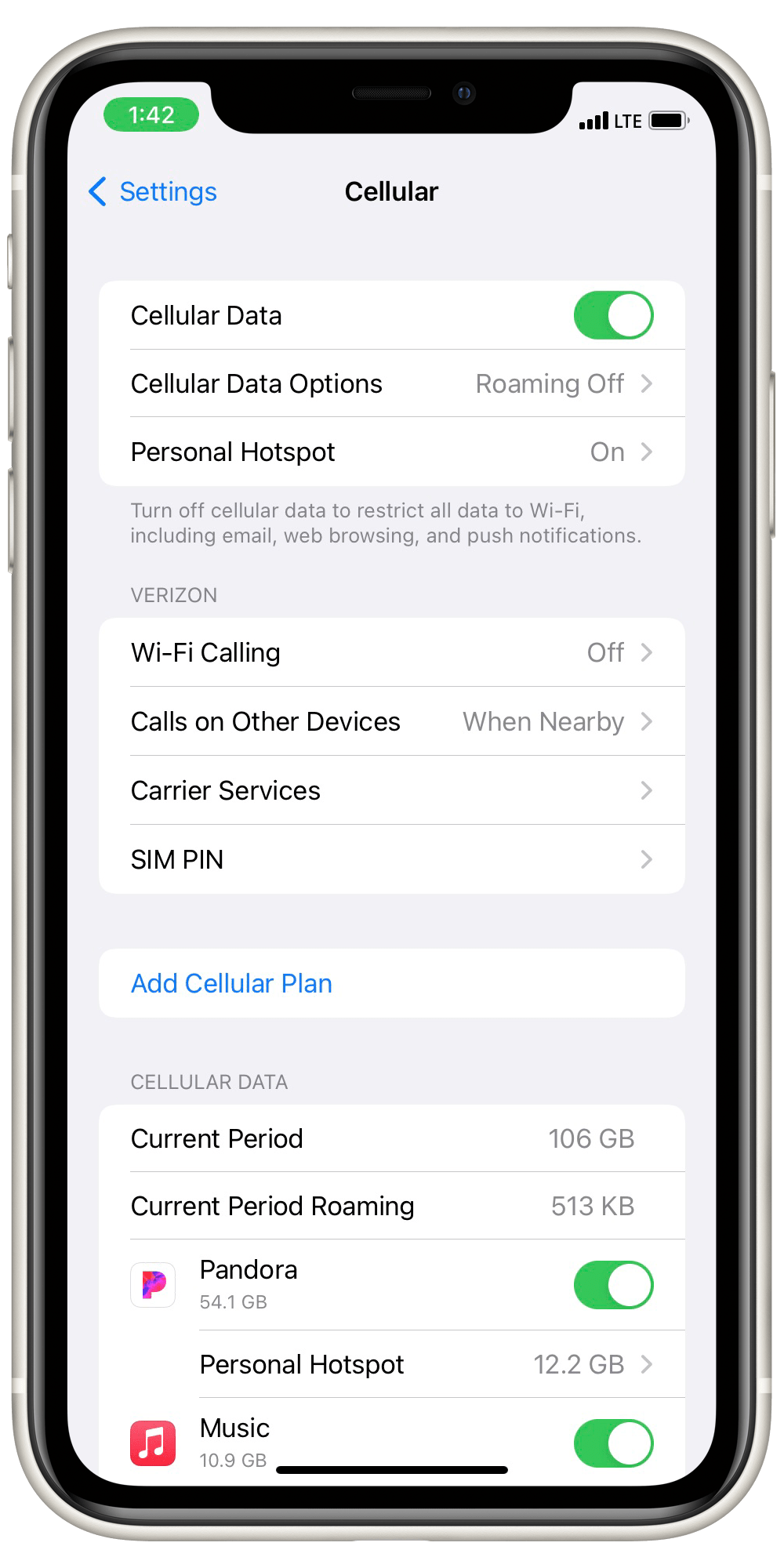 cellular data usage iPhone