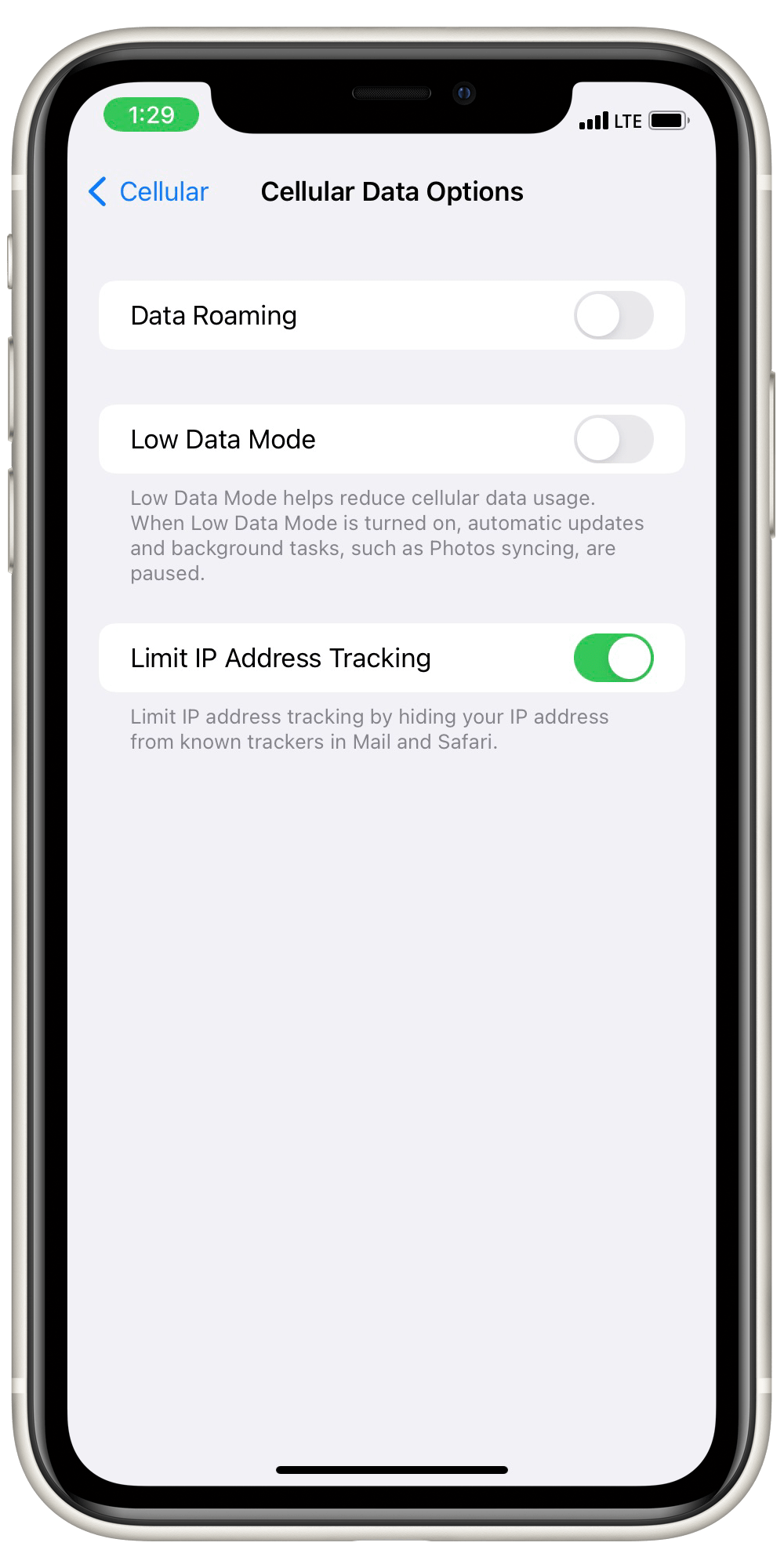 cellular data options in iPhone settings
