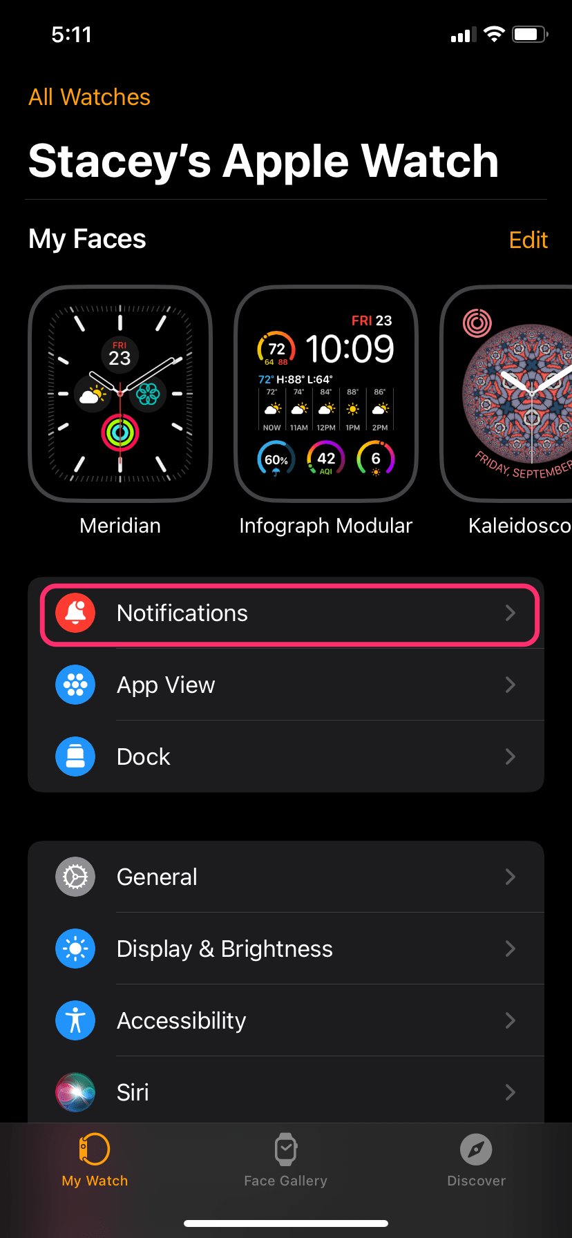 Notificaitons in the Watch app on iPhone