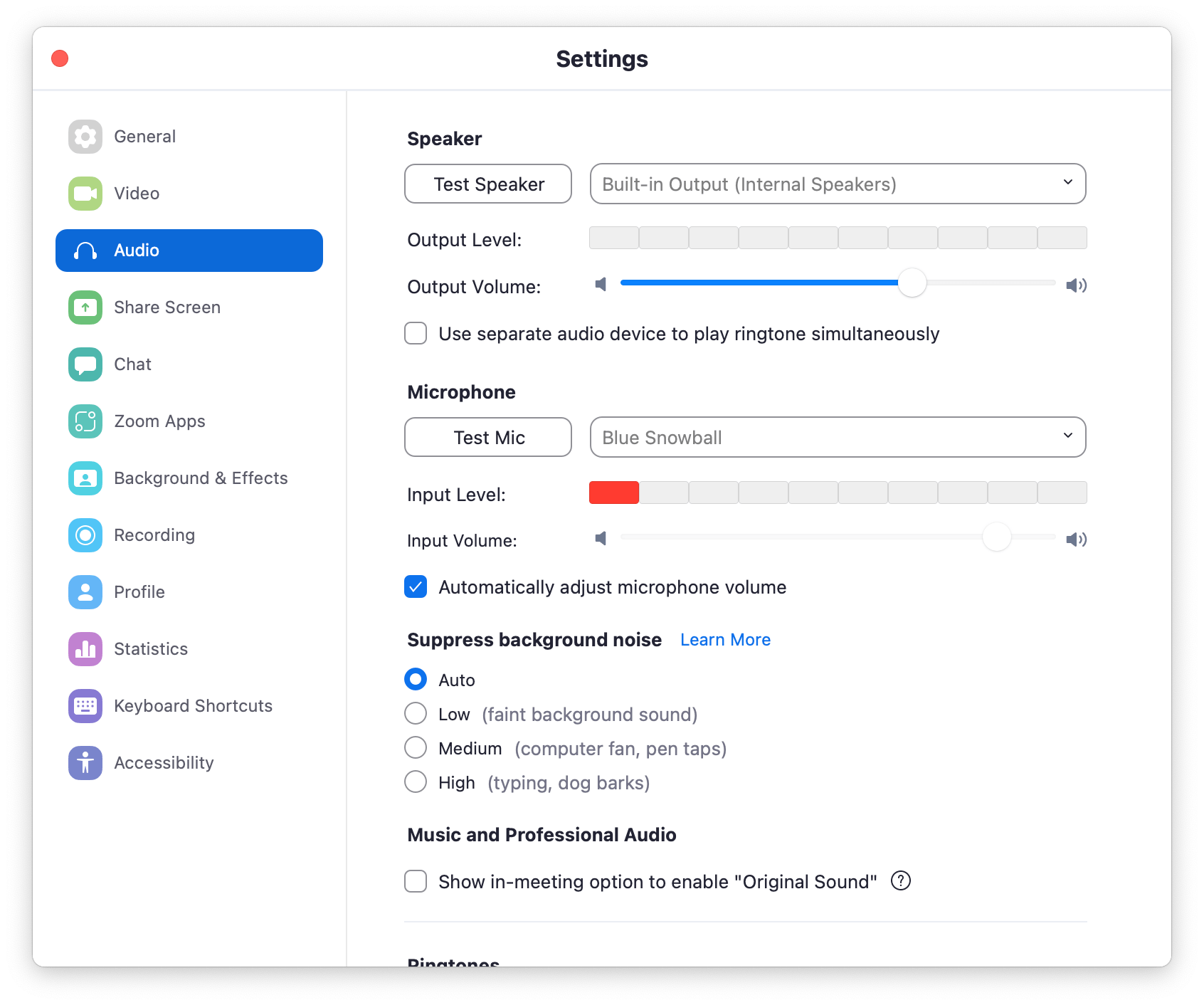 audio settings in Zoom