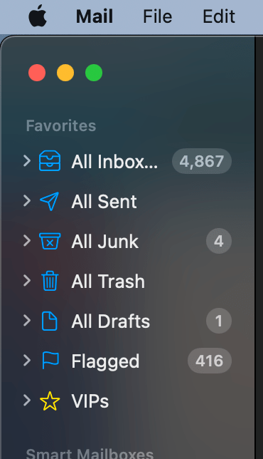 Mail sidebar with all inboxes