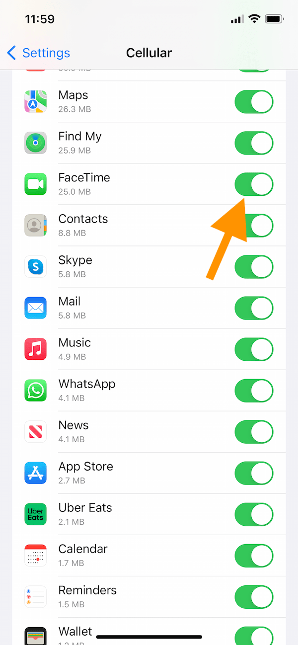 FaceTime cellular settings